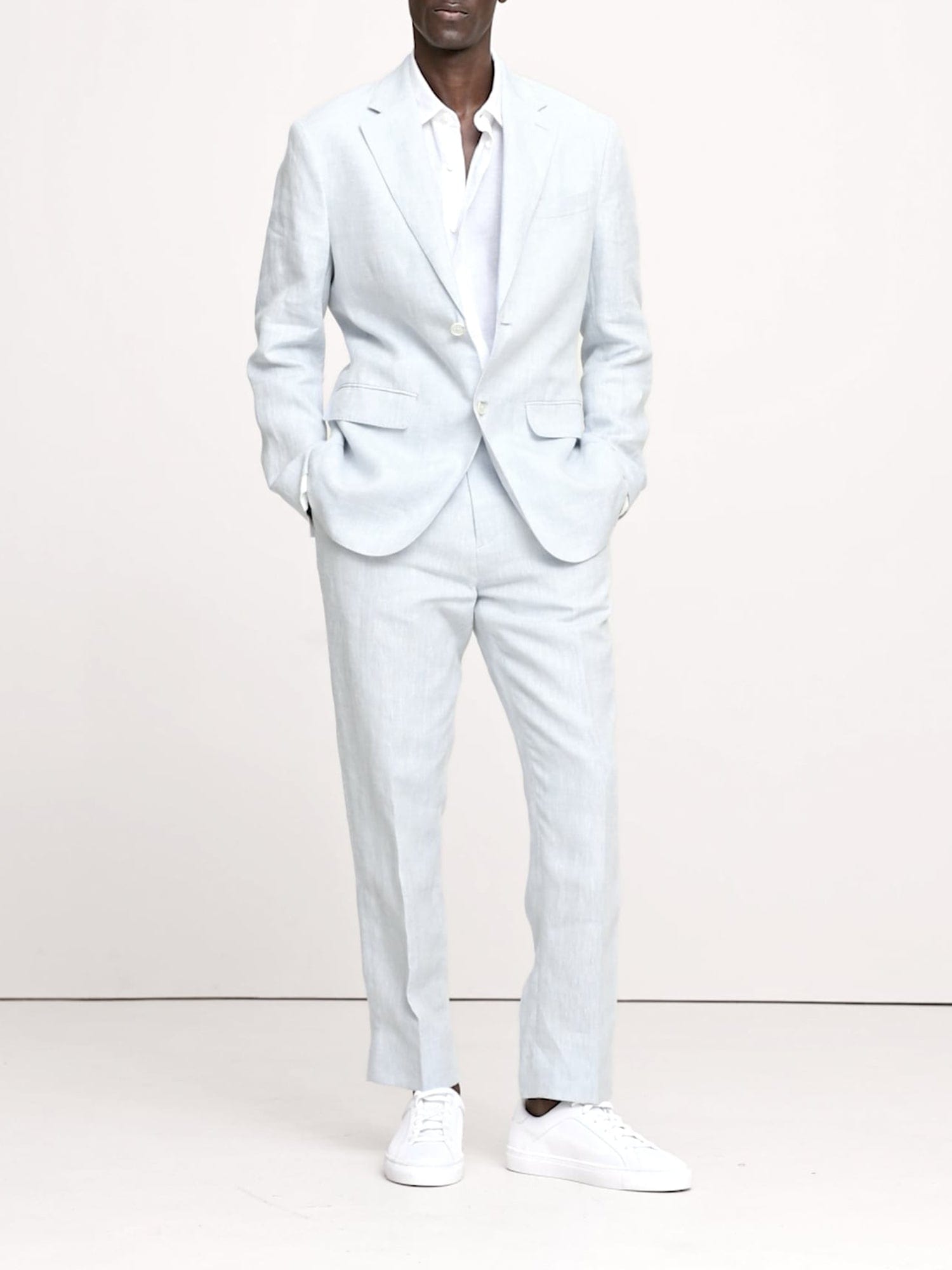 aesido Light Blue 2 Piece Summer Linen Double Buttons Casual Men's Suit