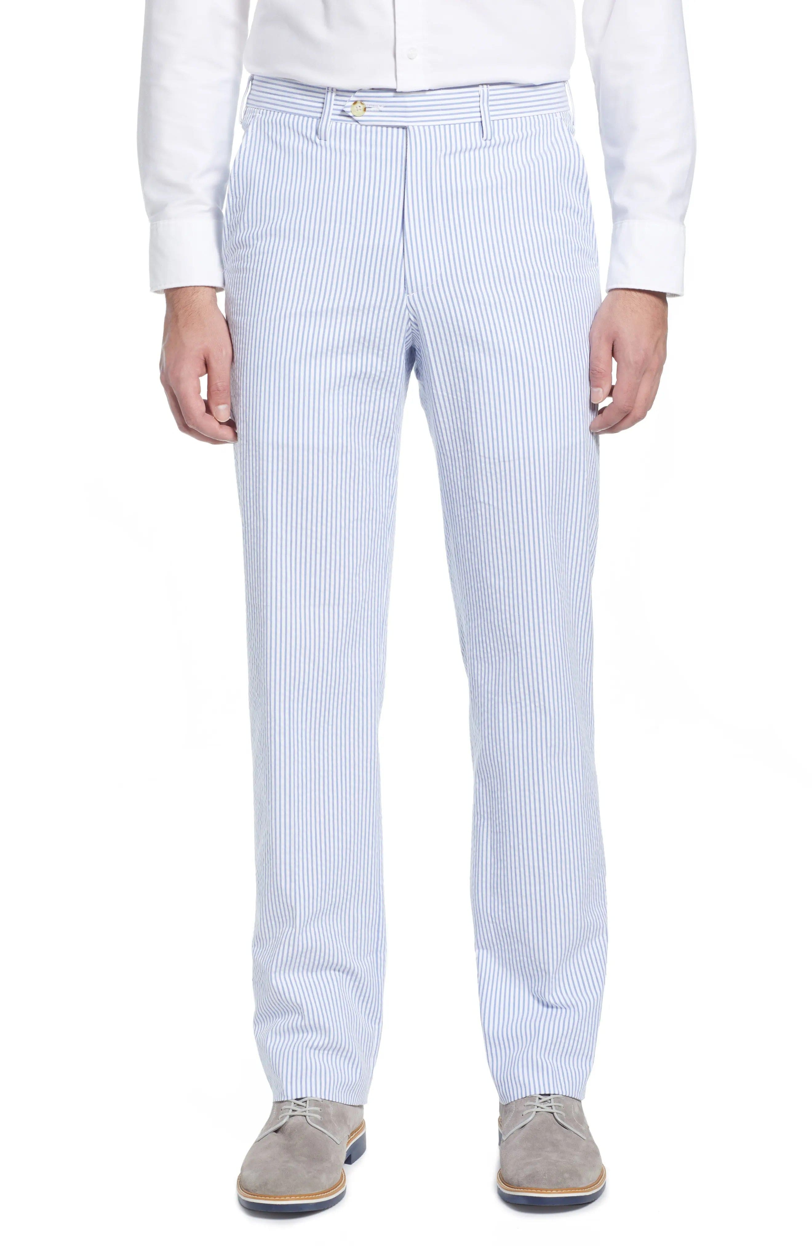 Light Blue Summer Seersucker Business Casual Men Trousers Light Blue / 30W X 30L Light Blue Summer Seersucker Business Casual Men Trousers Light Blue / 30W X 30L