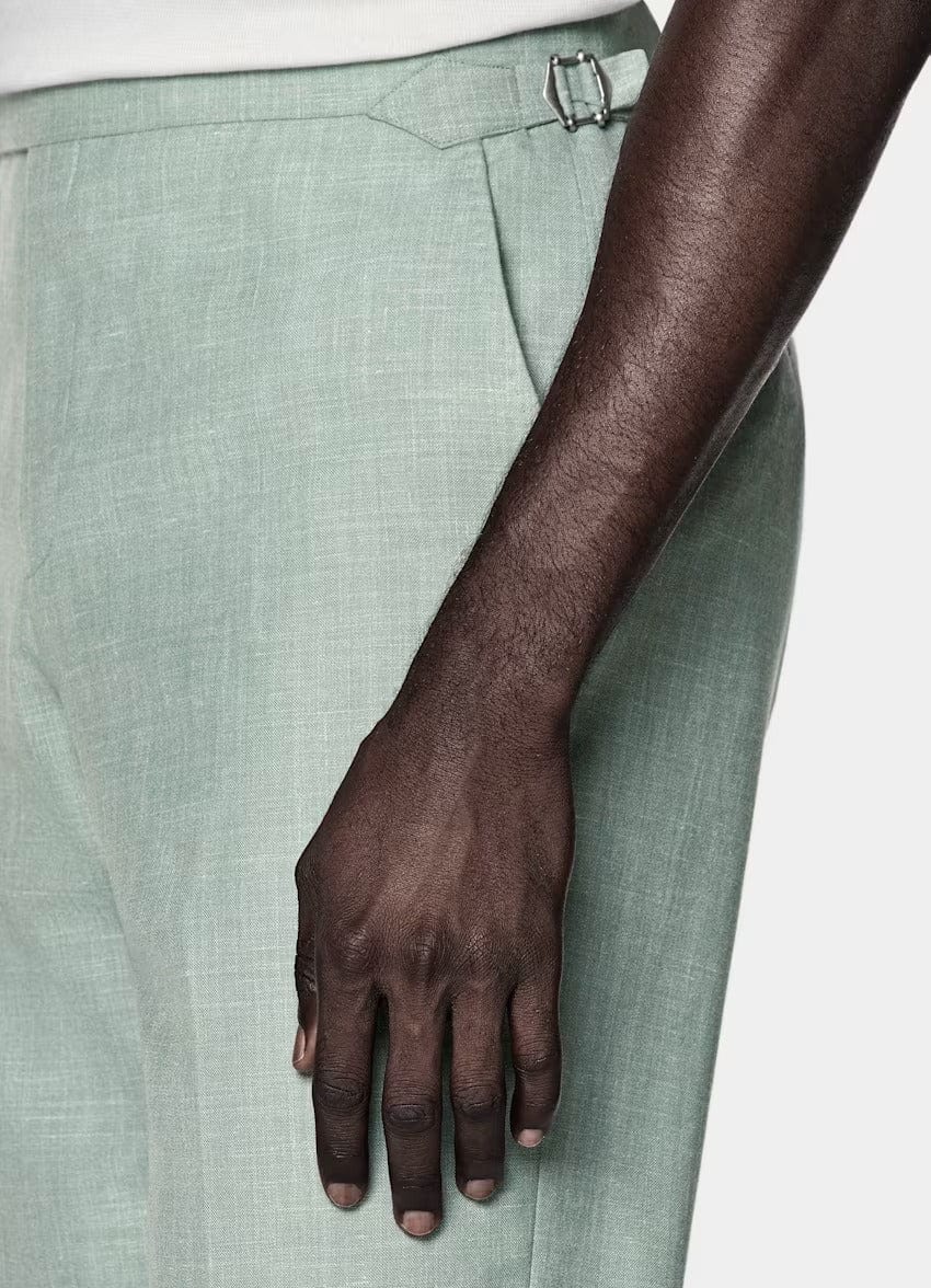 aesido Light Green 2 Piece Summer Linen Double Button Casual Slim Fit Men Suit (Blazer+Pants)