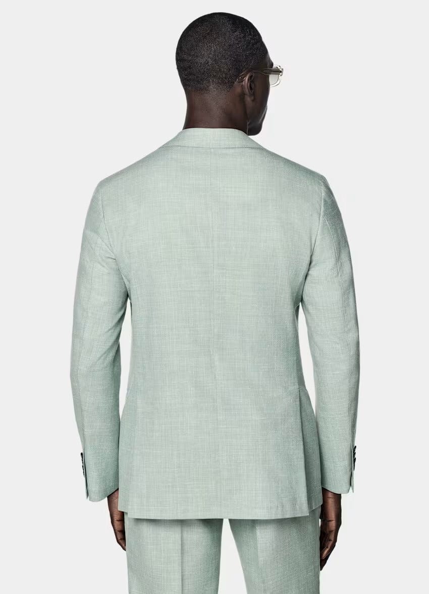 aesido Light Green 2 Piece Summer Linen Double Button Casual Slim Fit Men Suit (Blazer+Pants)
