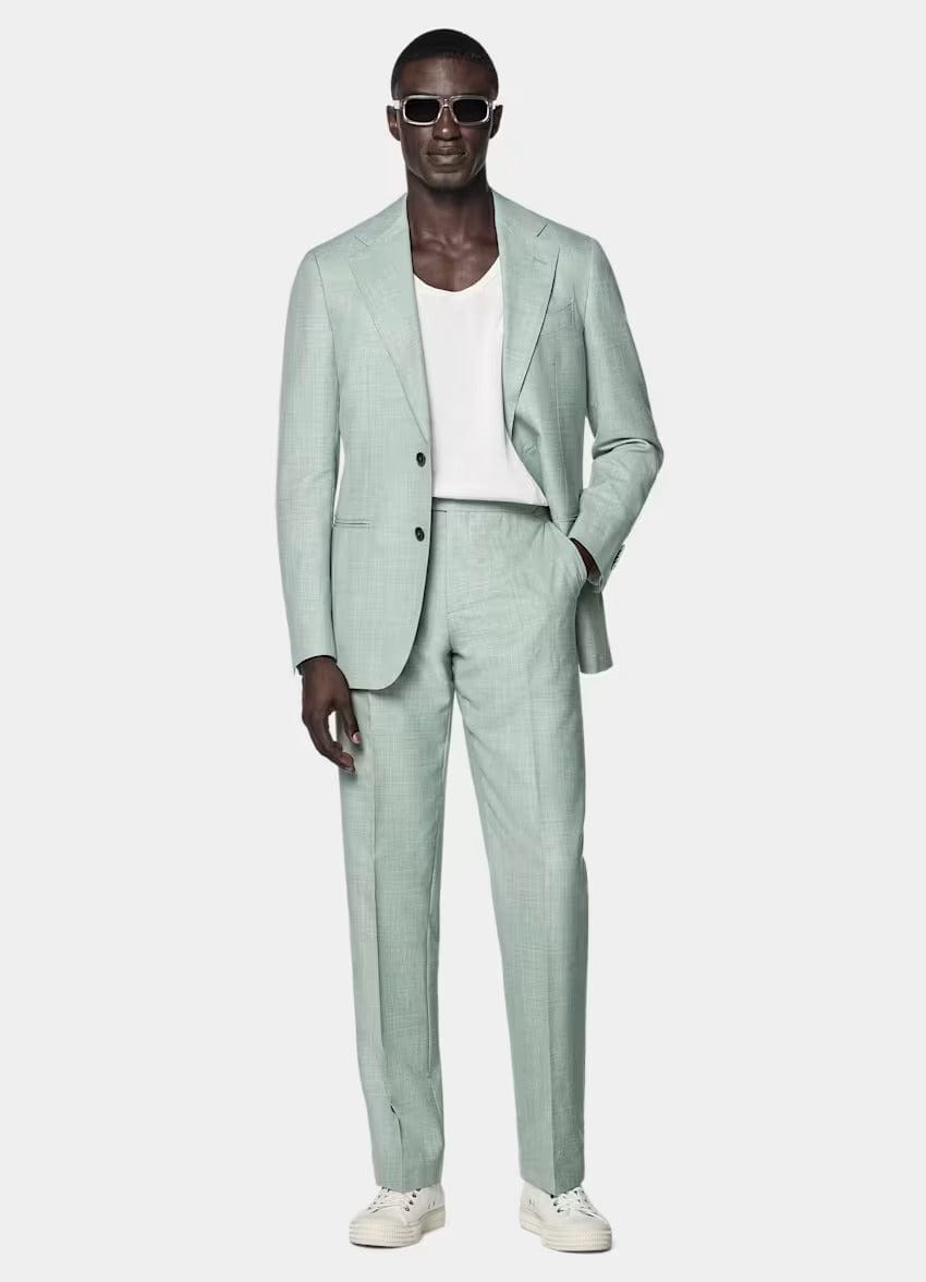 aesido Light Green 2 Piece Summer Linen Double Button Casual Slim Fit Men Suit (Blazer+Pants)