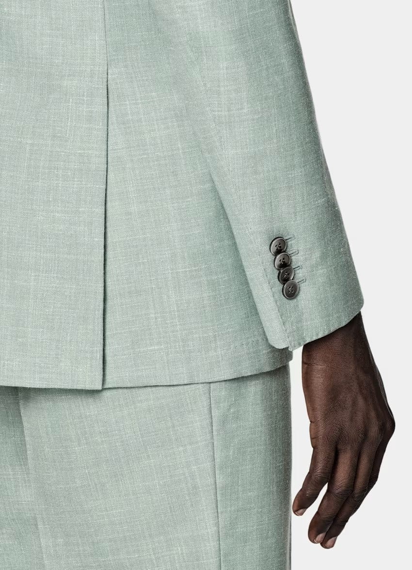 aesido Light Green 2 Piece Summer Linen Double Button Casual Slim Fit Men Suit (Blazer+Pants)