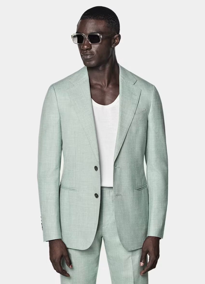 aesido Light Green 2 Piece Summer Linen Double Button Casual Slim Fit Men Suit (Blazer+Pants)