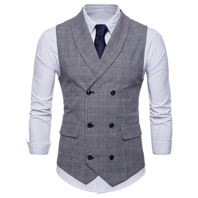 aesido Light Grey Plaid Double-Breasted Slim Fit Men's Vest