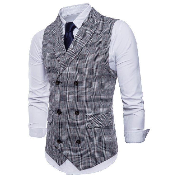 aesido Light Grey Plaid Double-Breasted Slim Fit Men's Vest