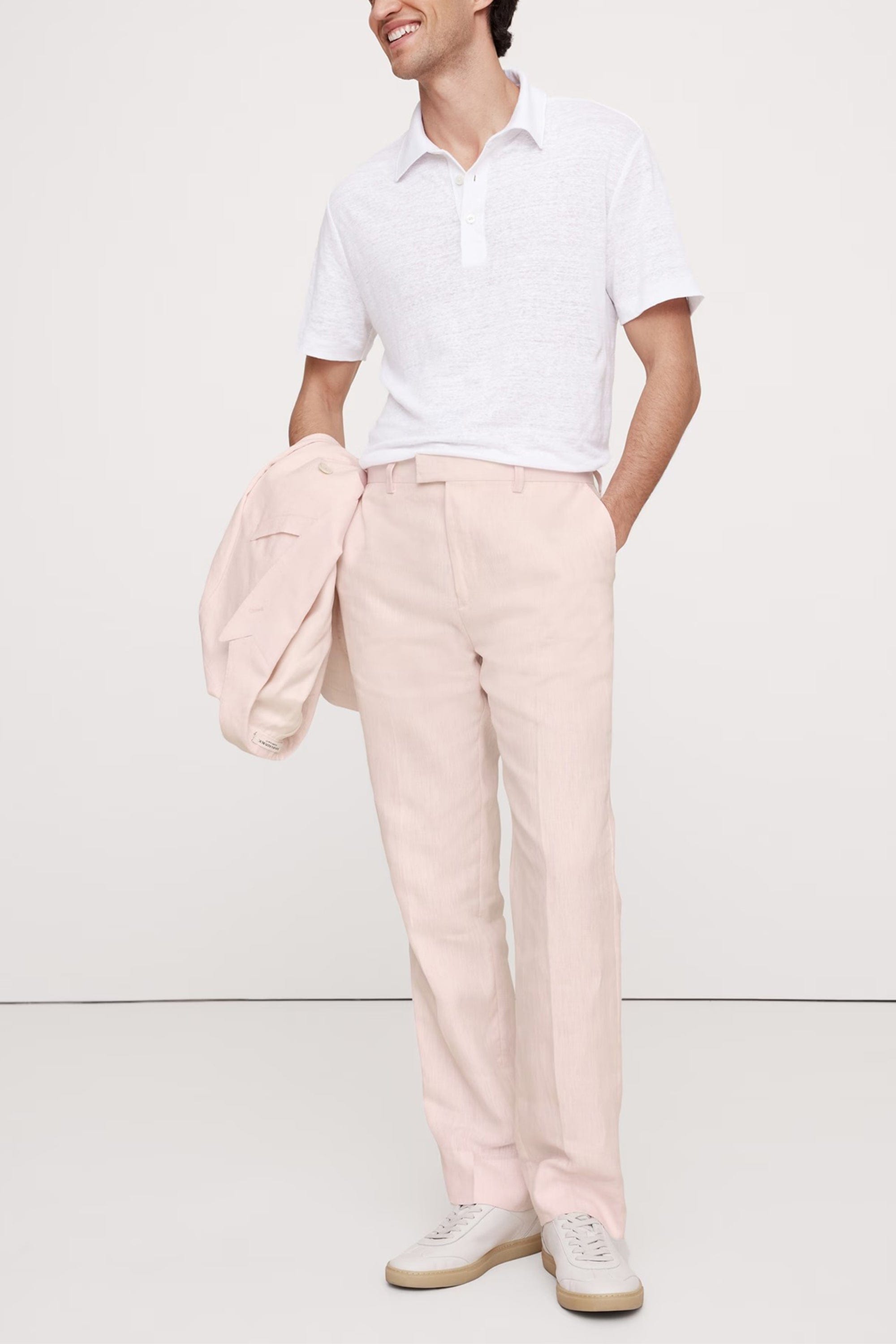 aesido Light Pink 2 Piece Summer Linen Double Breasted Business Casual Men Suit