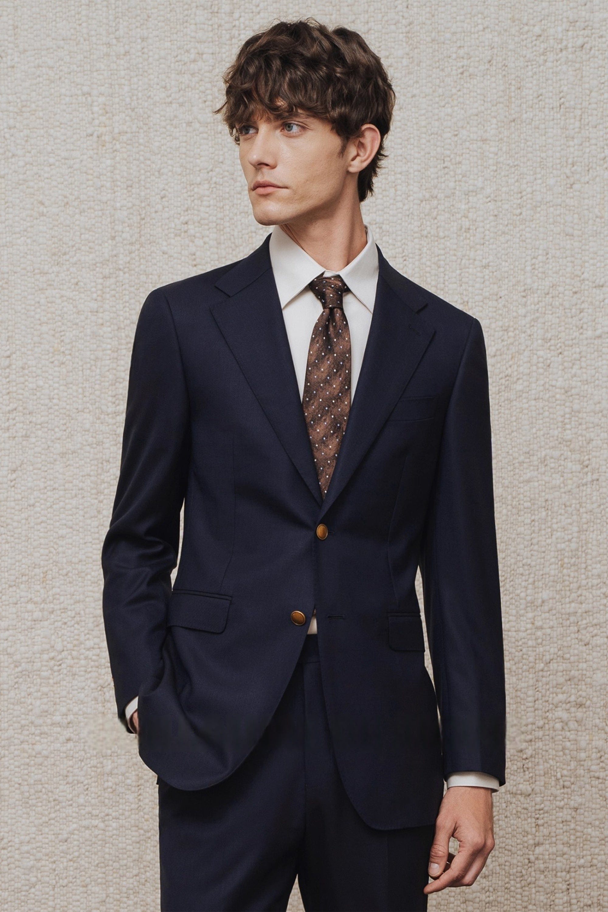 aesido Men Navy Blue Two Piece Suit Blazer and Pants with Peak Lapel