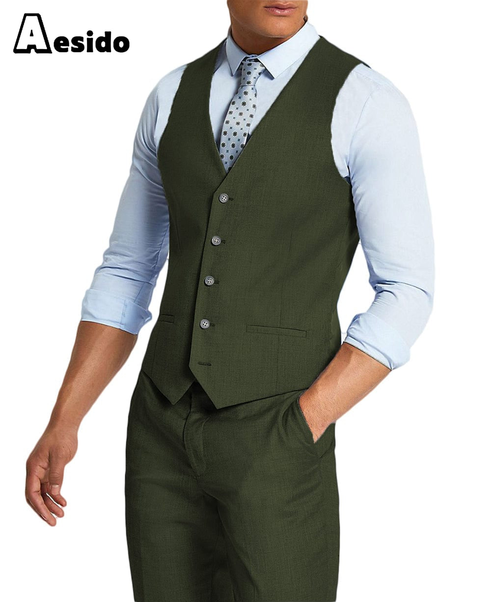 aesido Men's 2 Pieces Single Breasted V Neck Waistcoat(Vest+Pants)