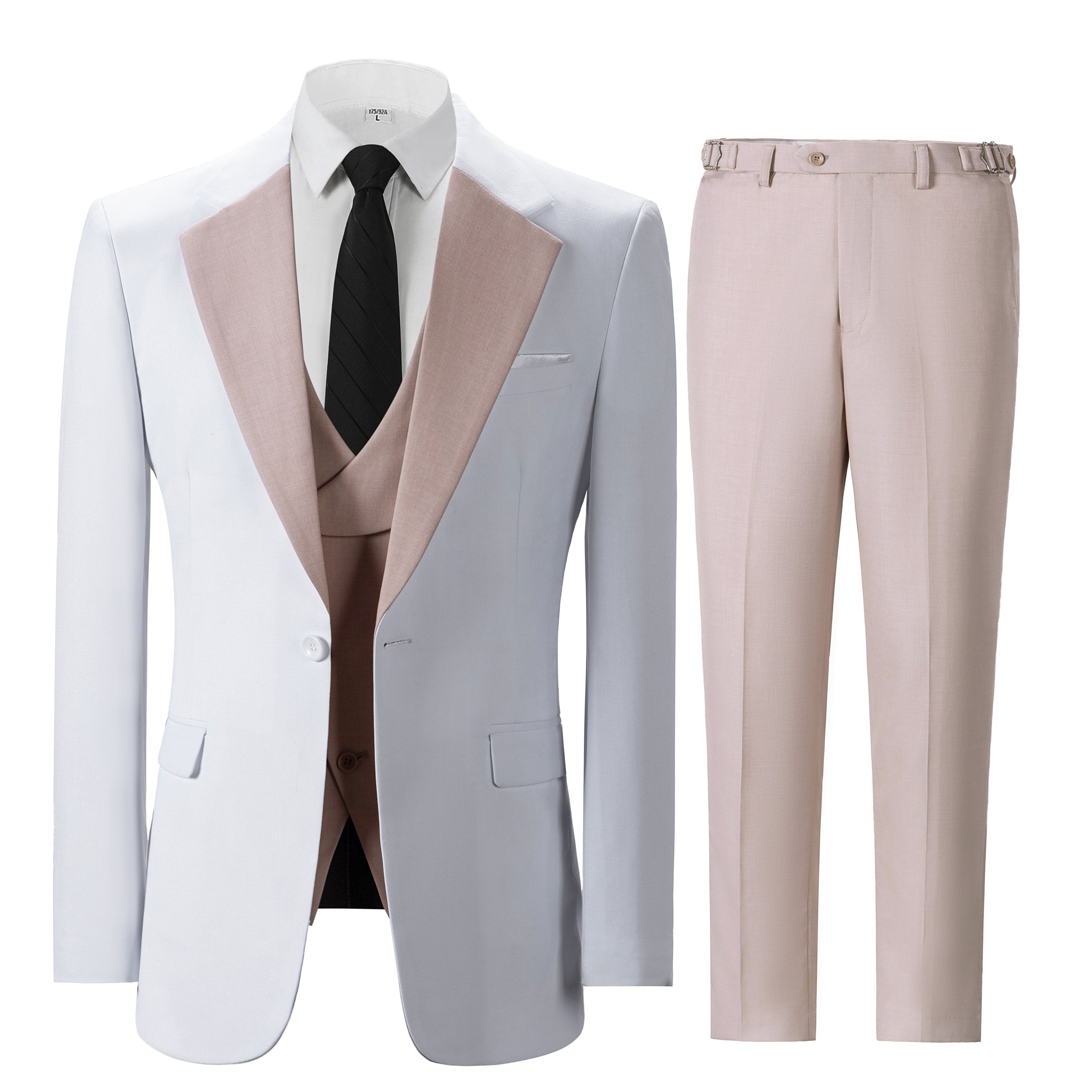 aesido Men's 3 Piece Contrast Suit White Blazer With Beige Notch Lapel Tuxedo