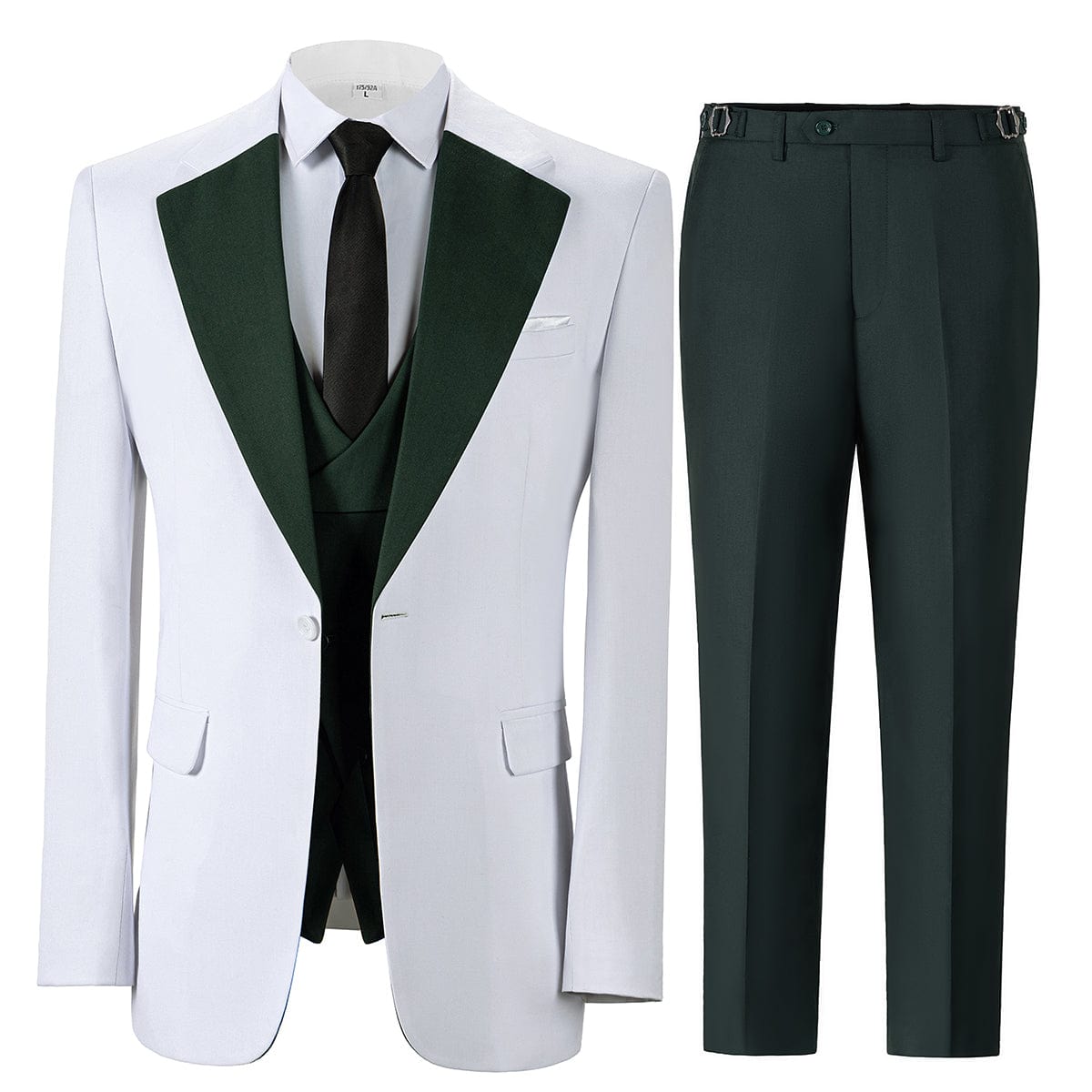 aesido Men's 3 Piece Contrast Suit White Blazer With Drak Green Notch Lapel Tuxedo