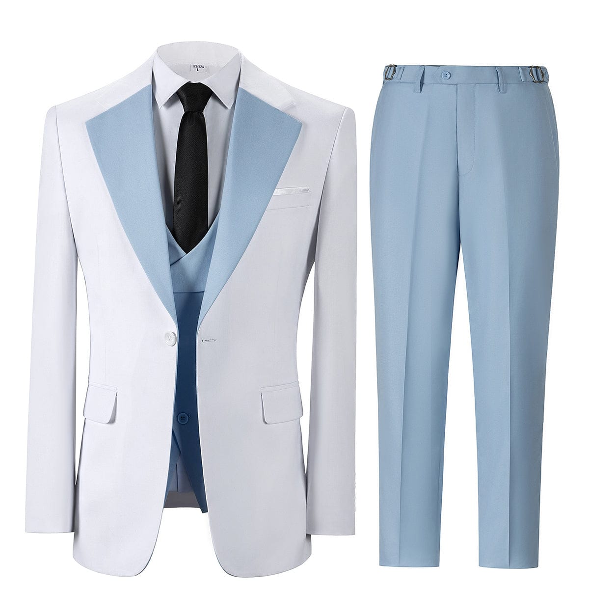aesido Men's 3 Piece Contrast Suit White Blazer With Light Blue Notch Lapel Tuxedo