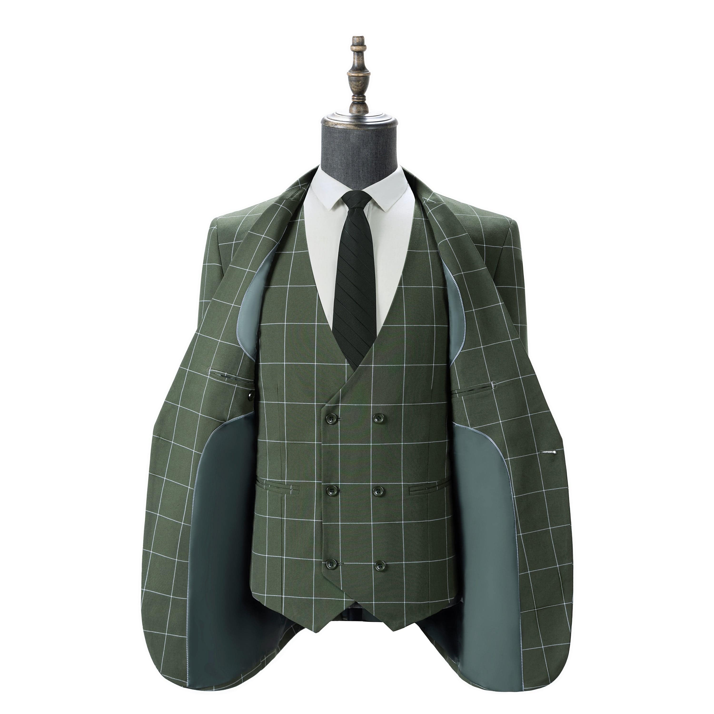 aesido Men's 3-Piece Olive Green Plaid Suit (Blazer+Vest+Pants)