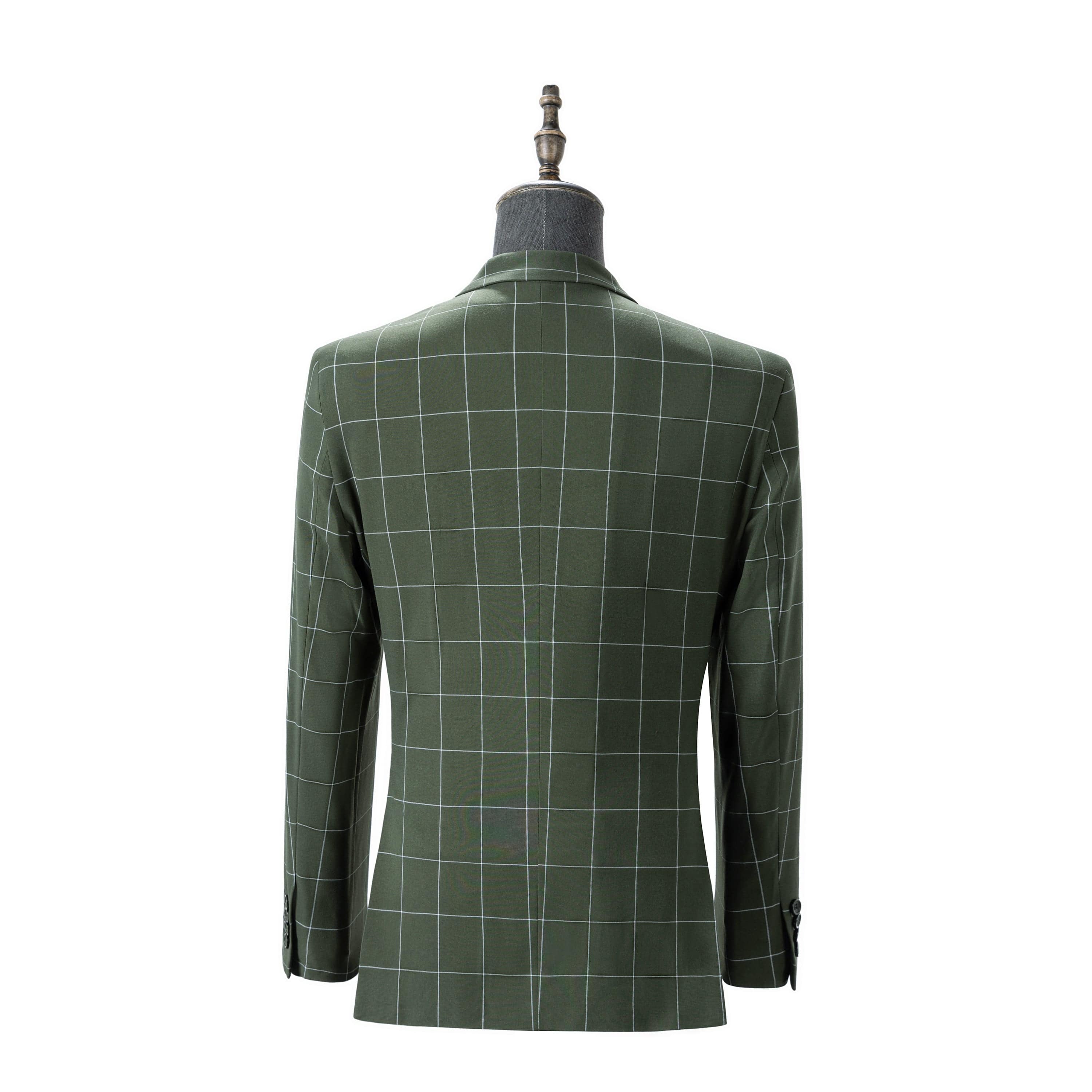 aesido Men's 3-Piece Olive Green Plaid Suit (Blazer+Vest+Pants)