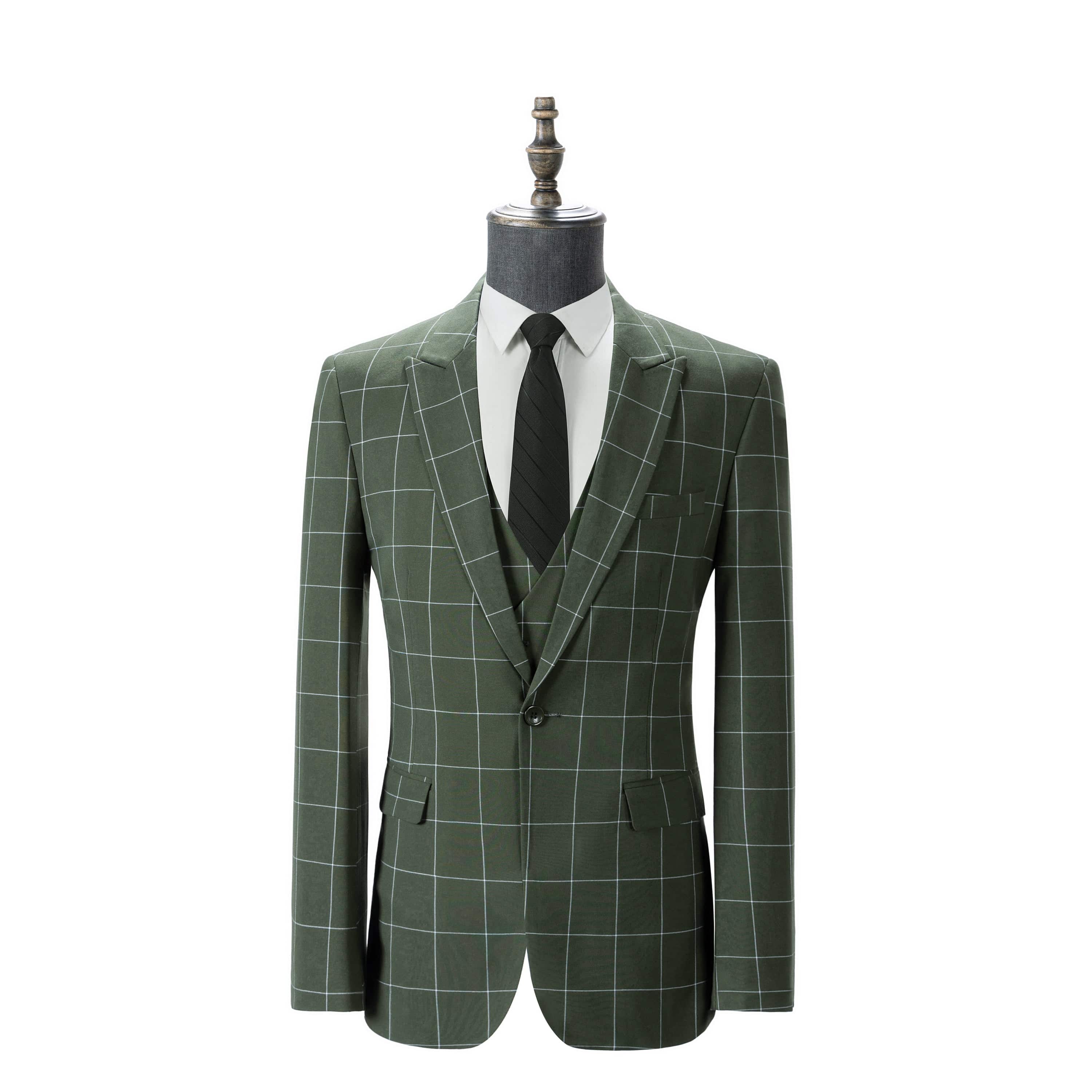 aesido Men's 3-Piece Olive Green Plaid Suit (Blazer+Vest+Pants)