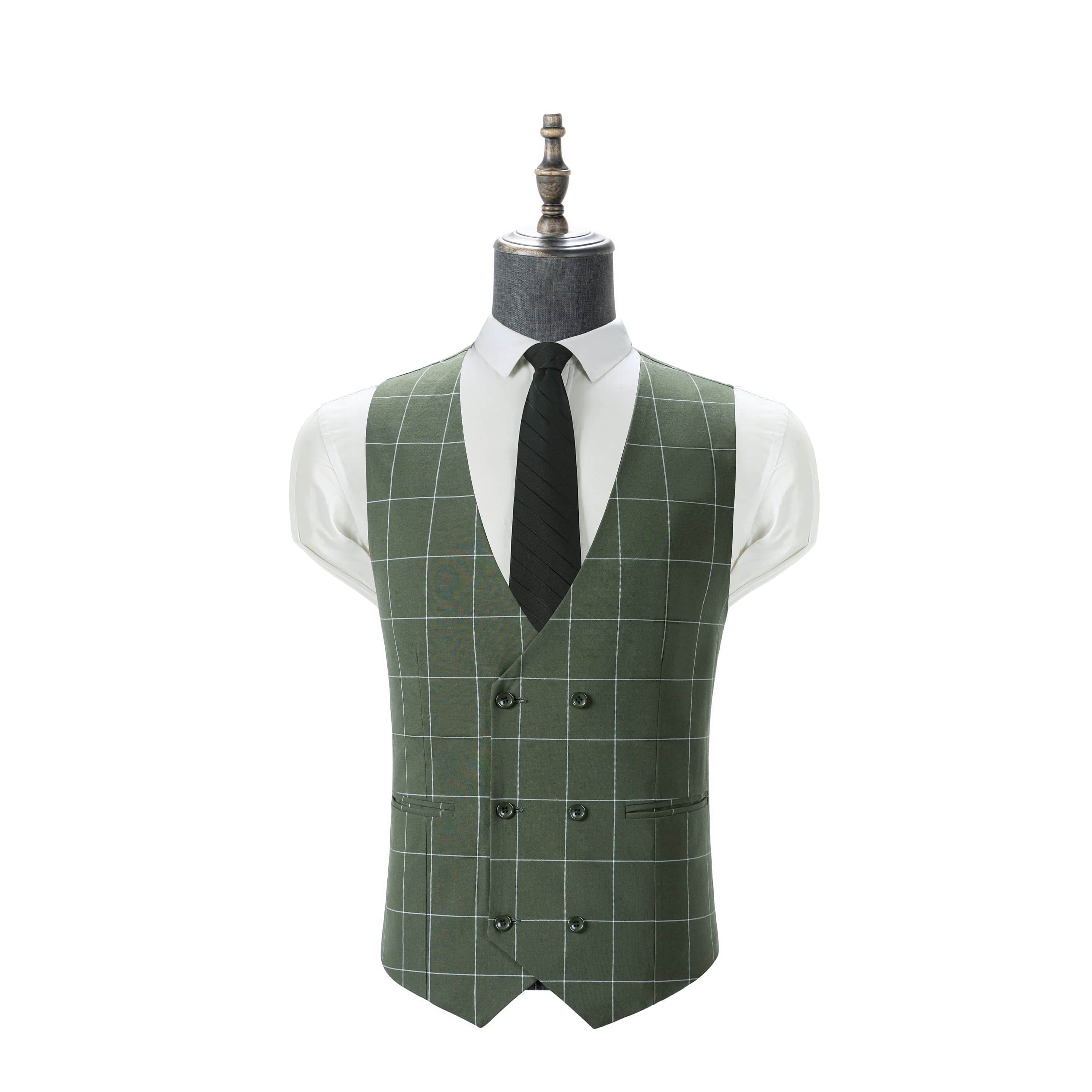 aesido Men's 3-Piece Olive Green Plaid Suit (Blazer+Vest+Pants)