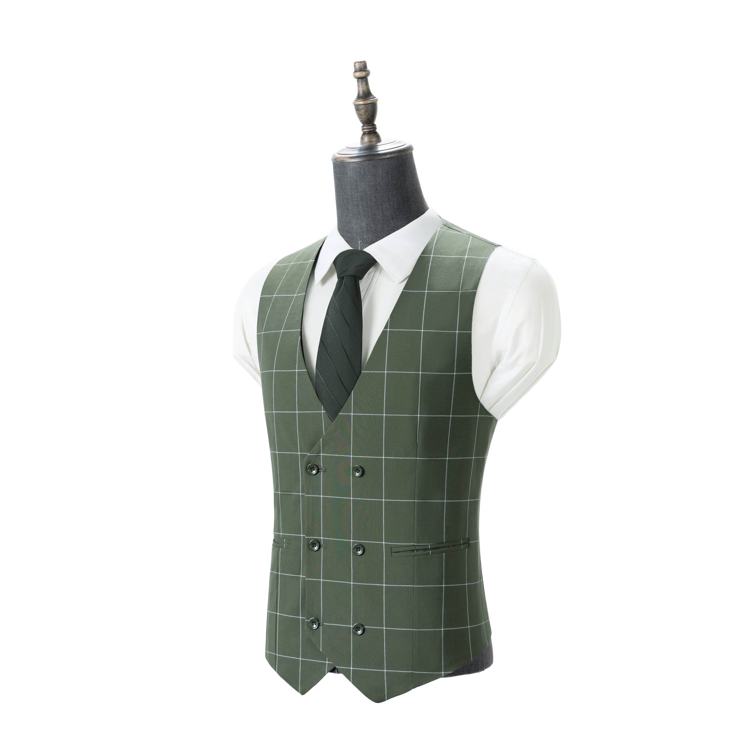 aesido Men's 3-Piece Olive Green Plaid Suit (Blazer+Vest+Pants)