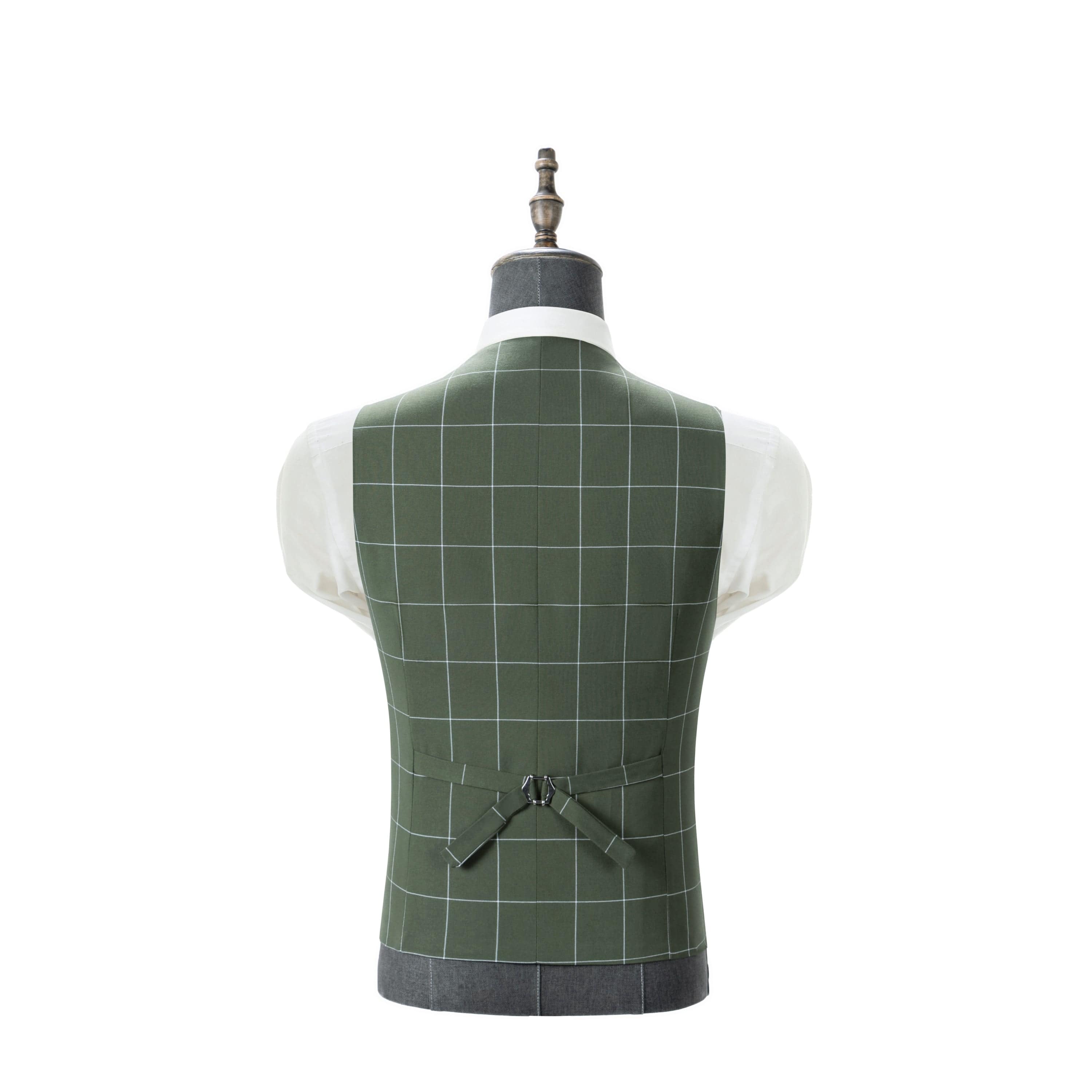 aesido Men's 3-Piece Olive Green Plaid Suit (Blazer+Vest+Pants)