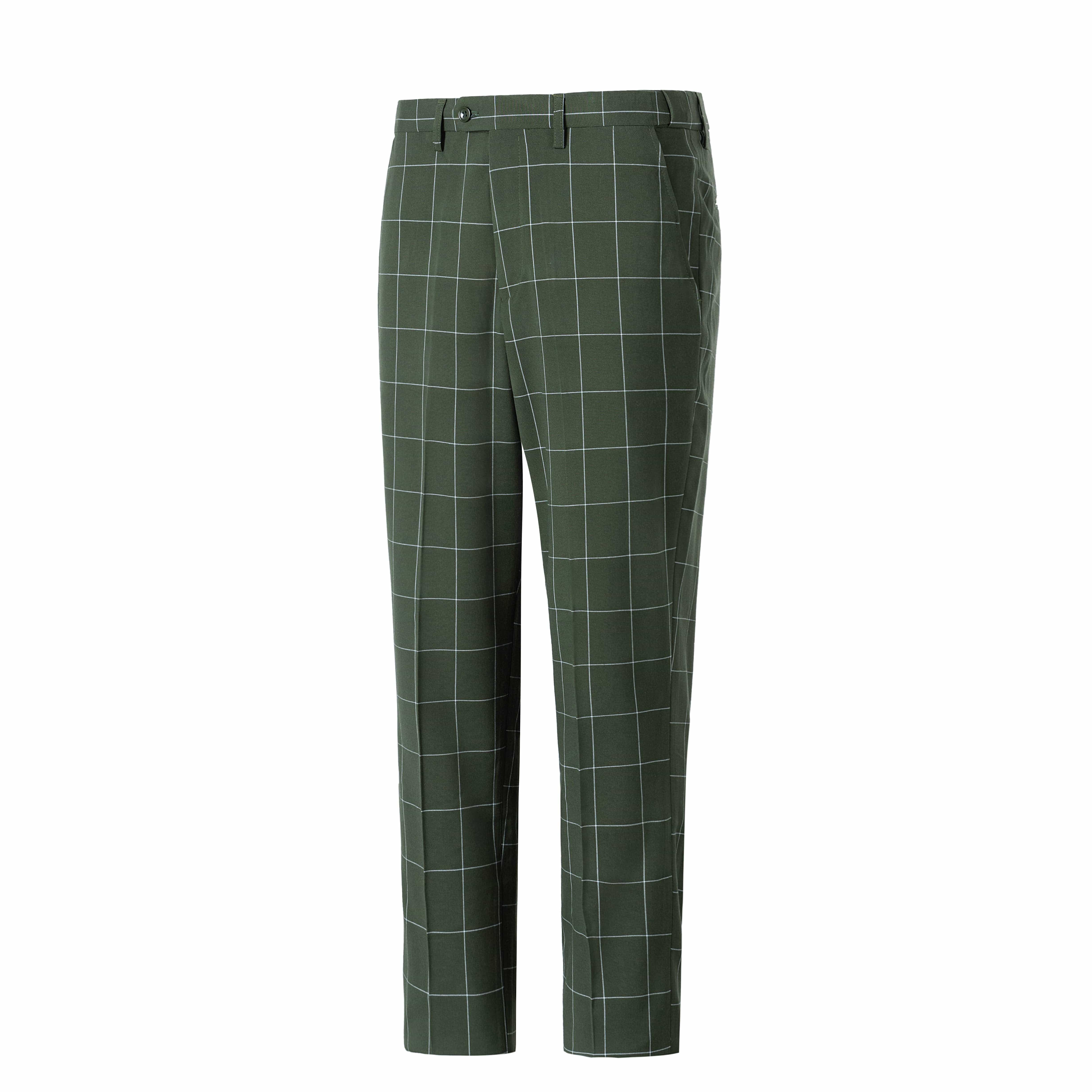 aesido Men's 3-Piece Olive Green Plaid Suit (Blazer+Vest+Pants)