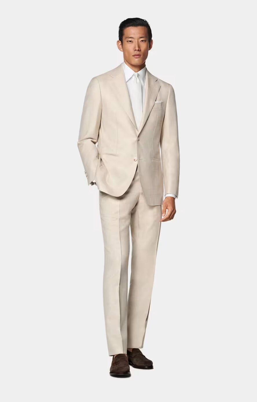 Beige Linen Mens 2-Piece Suit Tailored Blazer & Pants Beige / 44R Beige Linen Mens 2-Piece Suit Tailored Blazer & Pants Beige / 44R