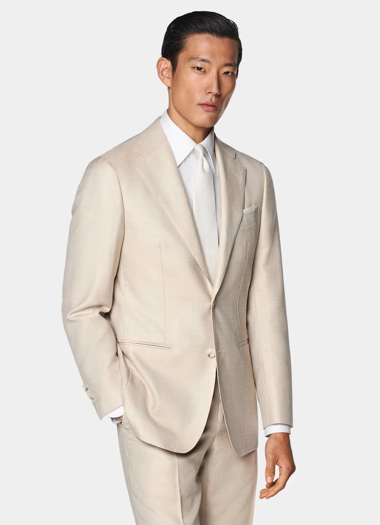 aesido Men's Beige Cotton-Linen Suit 2 Piece (Blazer+Pants)