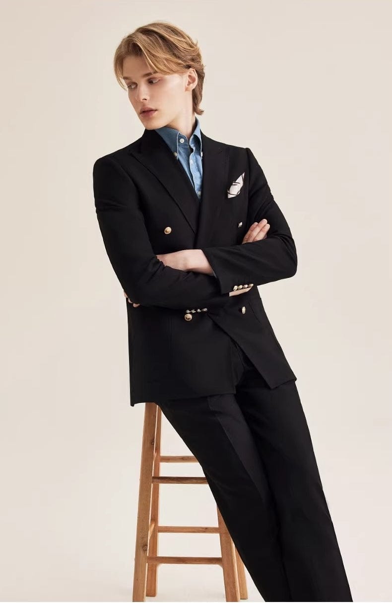 aesido Men’s Black Double Breasted Suit Set – Peak Lapel Blazer with Matching Pants