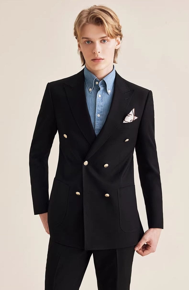 aesido Men’s Black Double Breasted Suit Set – Peak Lapel Blazer with Matching Pants