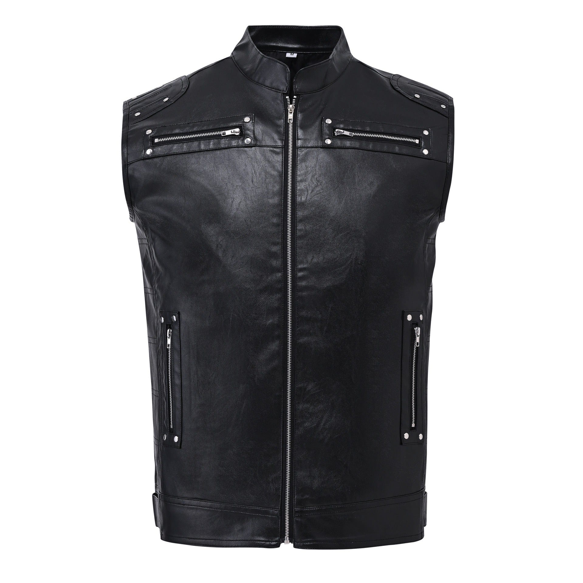 aesido Men's Black Faux Leather Vest Stand Collar Sleeveless Jacket