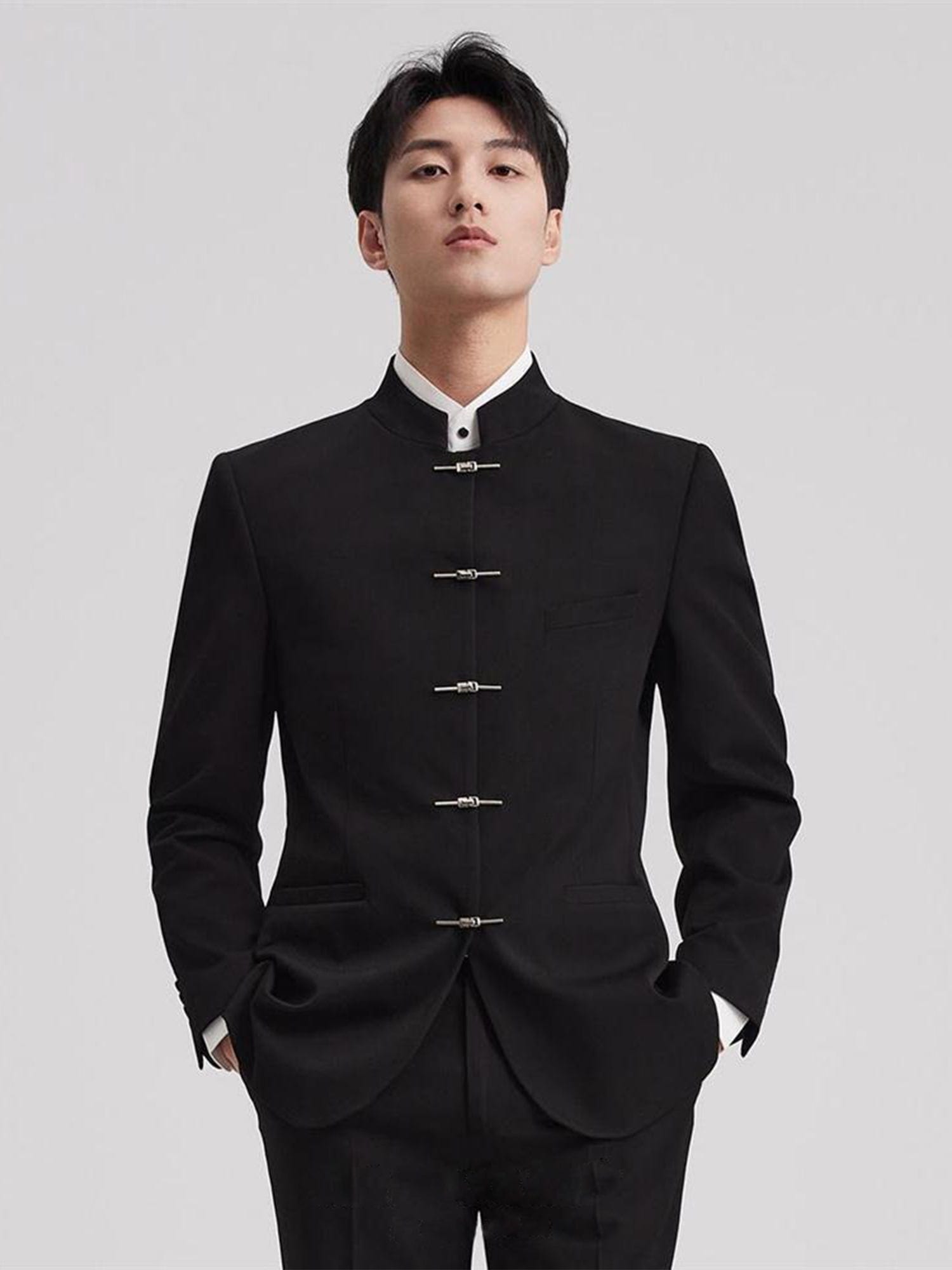 aesido Men’s Black Two-Piece Suit – Stand Collar Blazer & Trousers