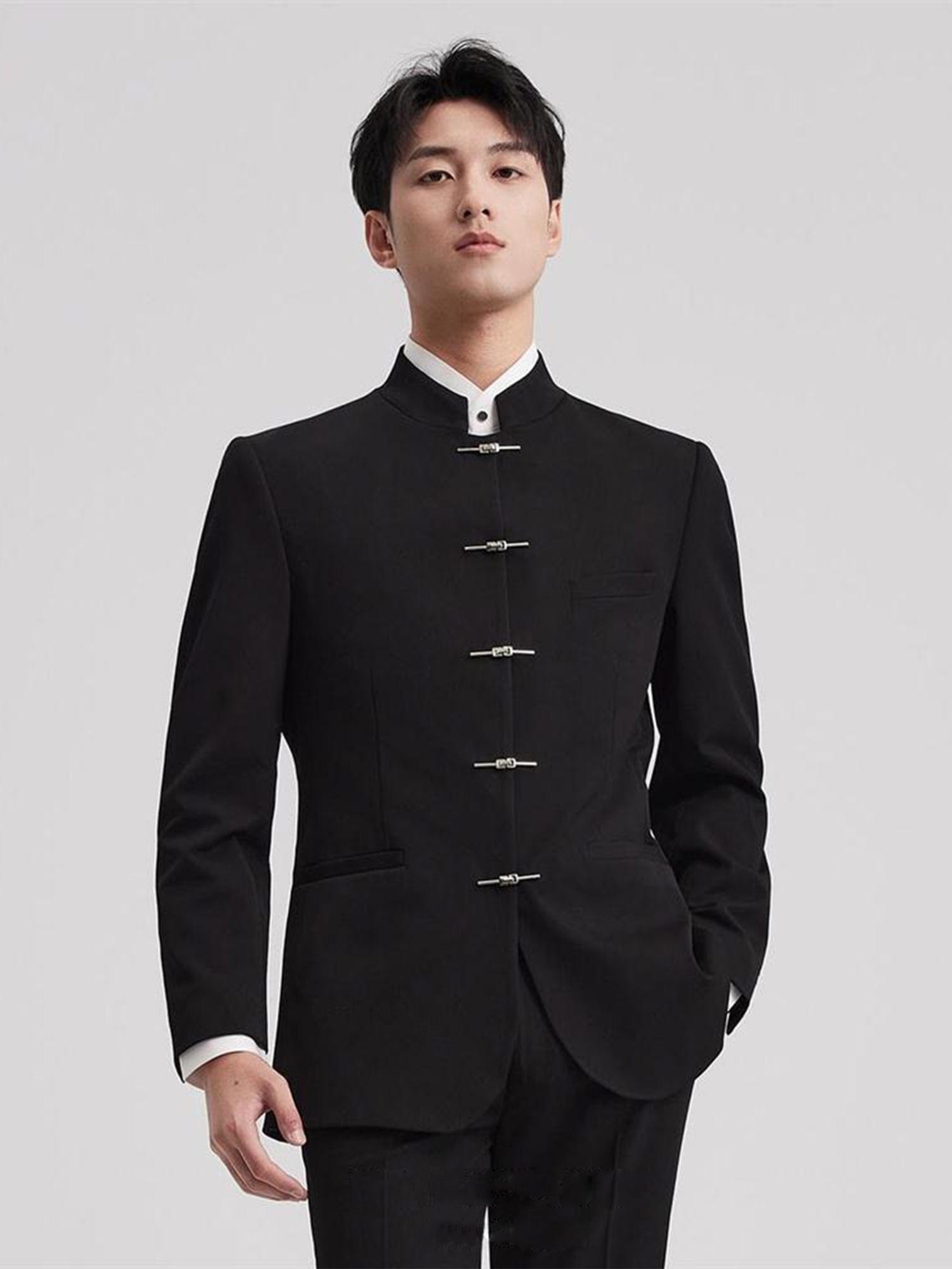 aesido Men’s Black Two-Piece Suit – Stand Collar Blazer & Trousers