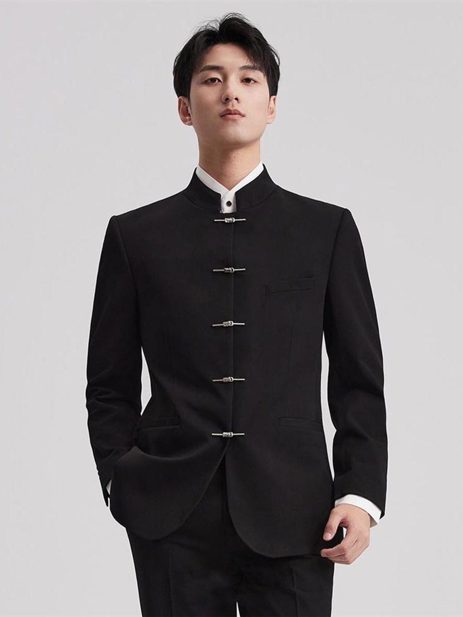 aesido Men’s Black Two-Piece Suit – Stand Collar Blazer & Trousers