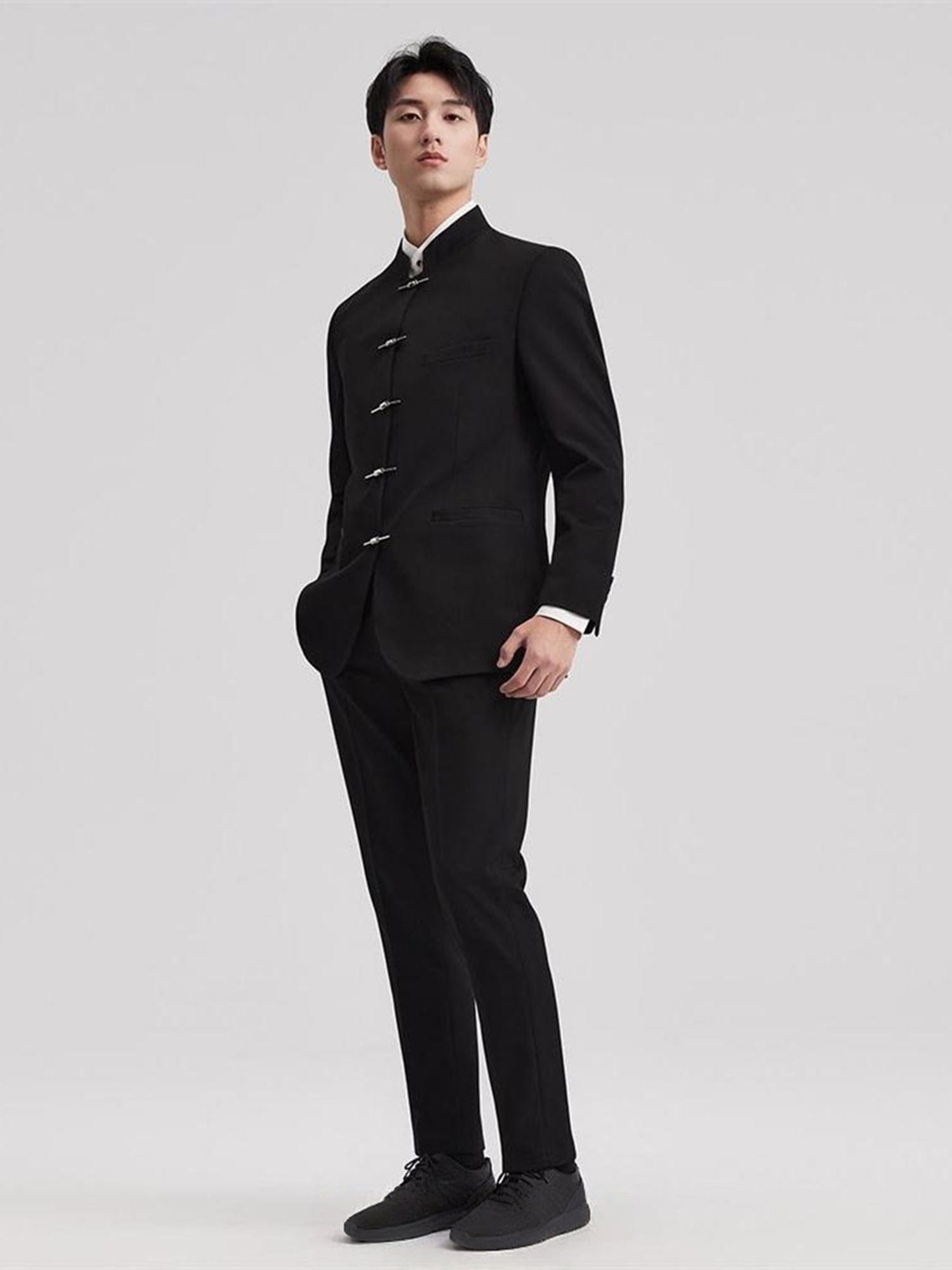 aesido Men’s Black Two-Piece Suit – Stand Collar Blazer & Trousers