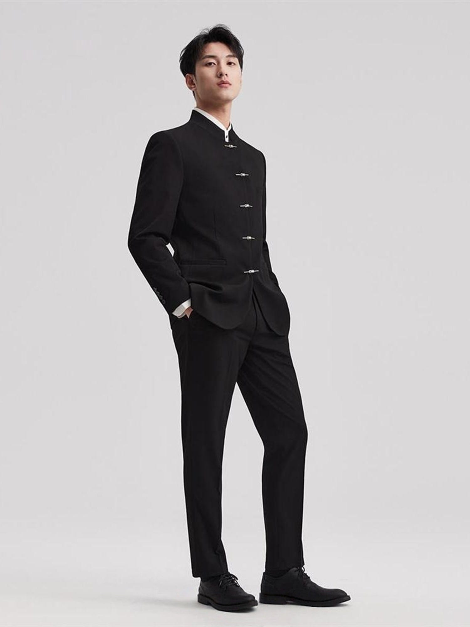 aesido Men’s Black Two-Piece Suit – Stand Collar Blazer & Trousers