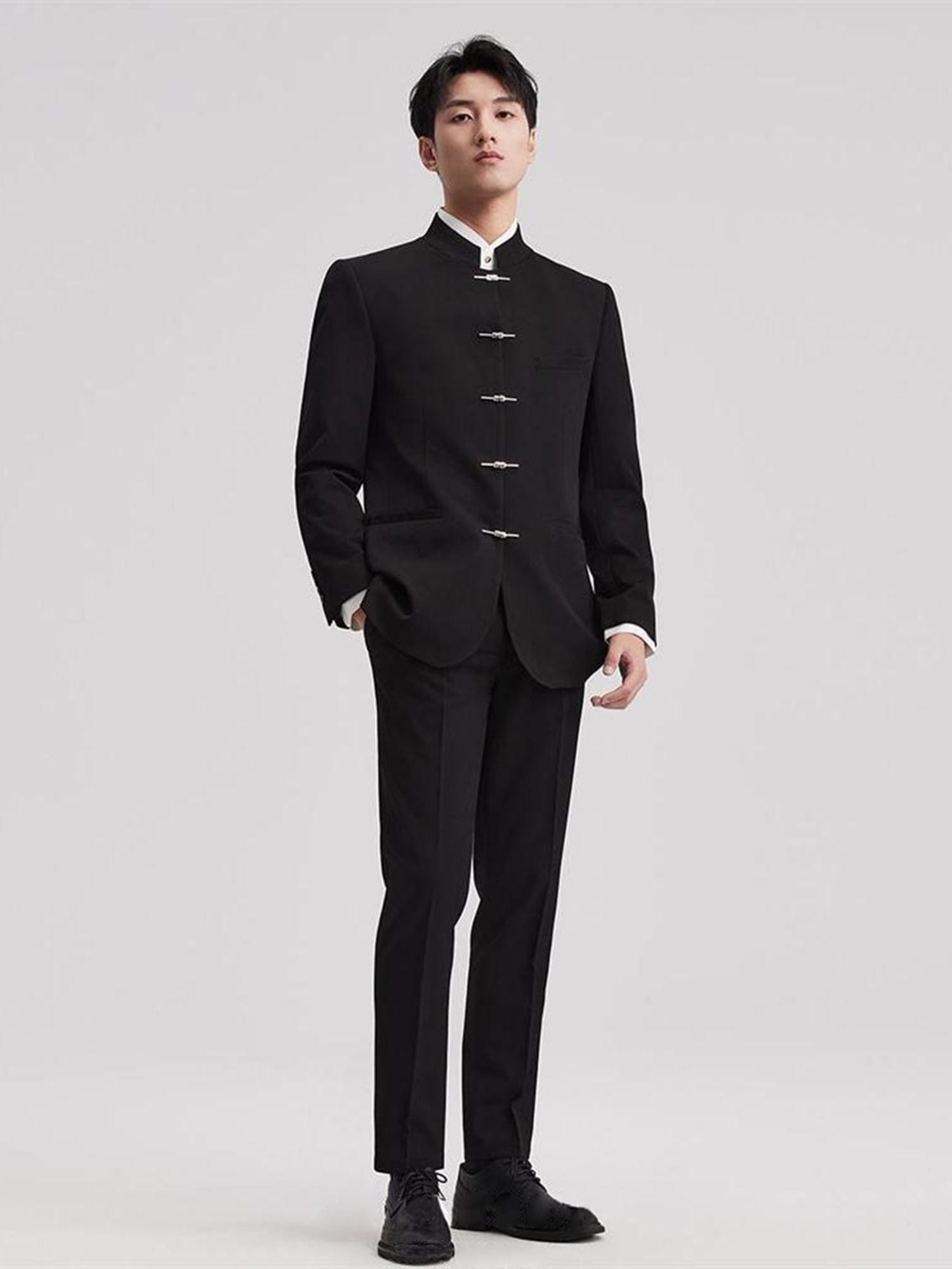 aesido Men’s Black Two-Piece Suit – Stand Collar Blazer & Trousers