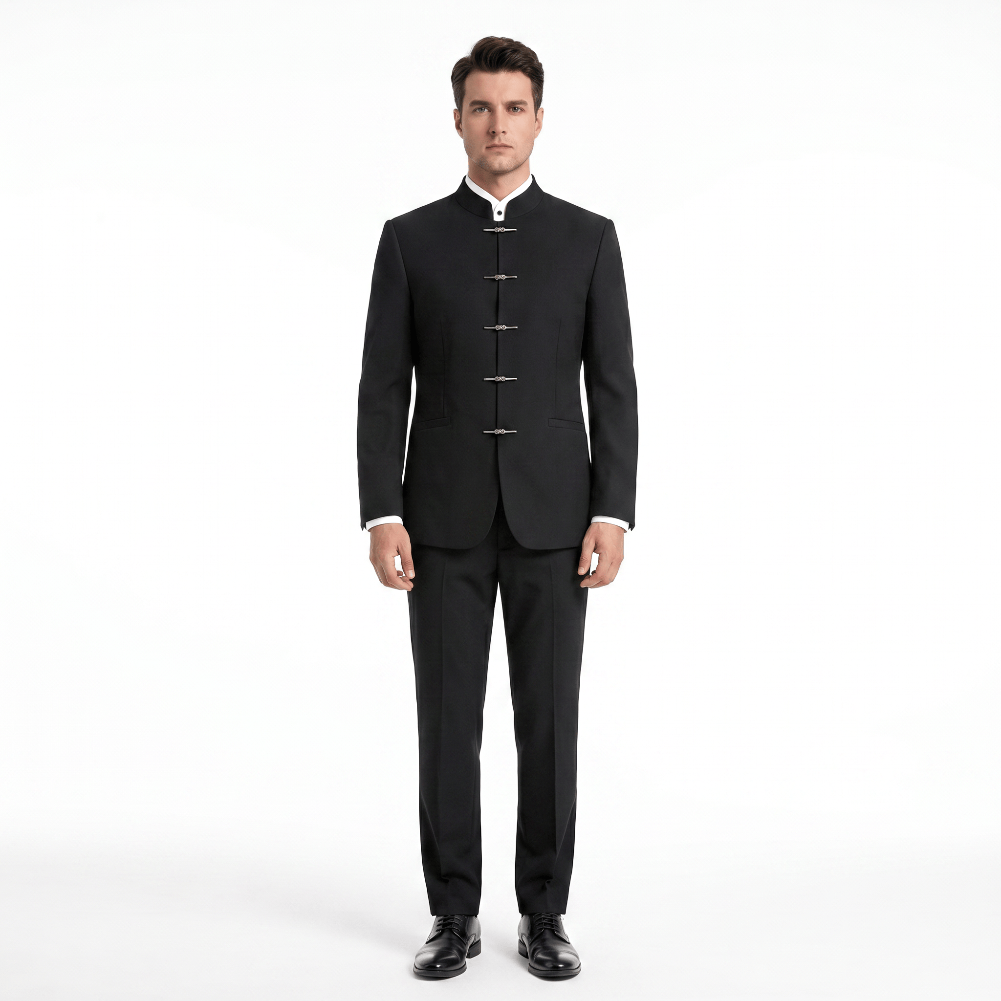 aesido Men’s Black Two-Piece Suit – Stand Collar Blazer & Trousers