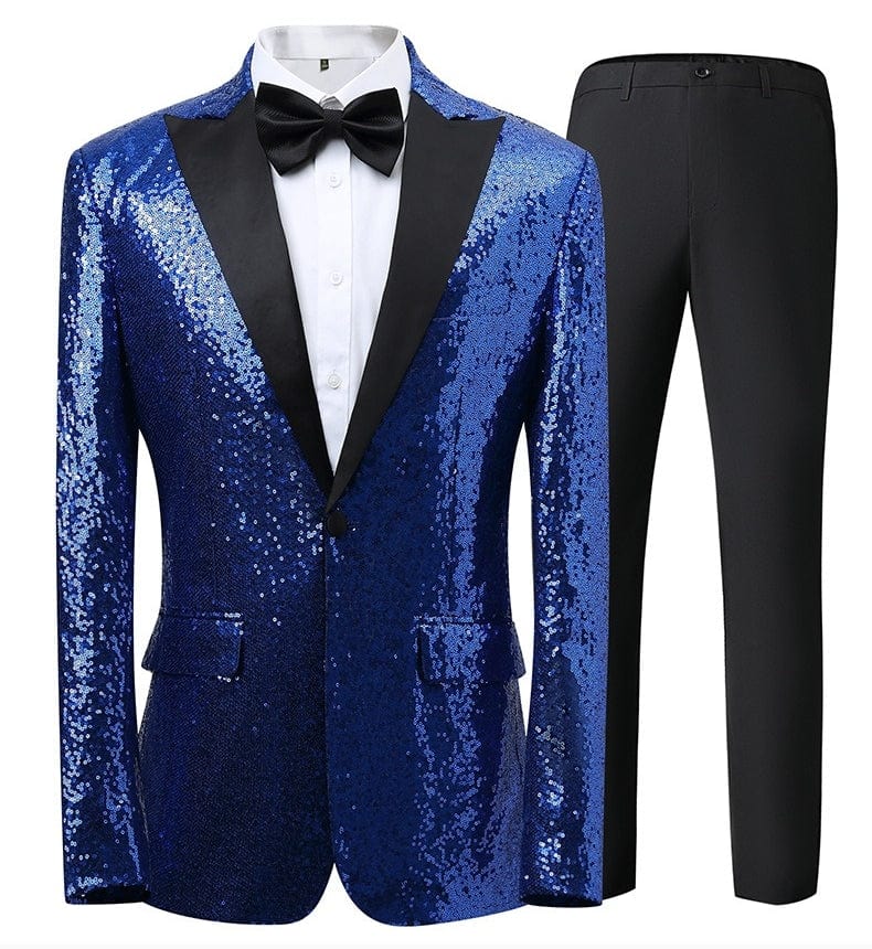 aesido Men's Blue Sequin Tuxedo Suit – Black Satin Peak Lapel Blazer & Pants