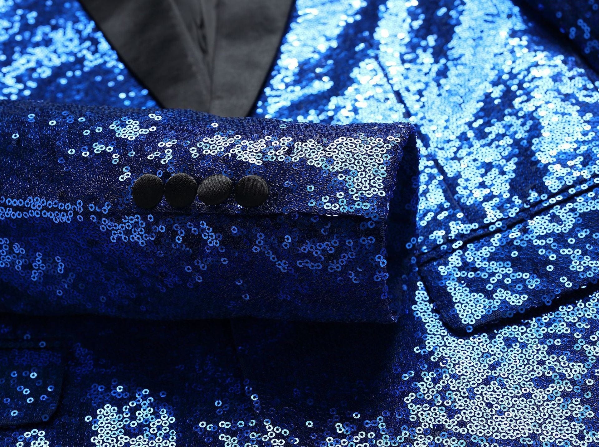 aesido Men's Blue Sequin Tuxedo Suit – Black Satin Peak Lapel Blazer & Pants