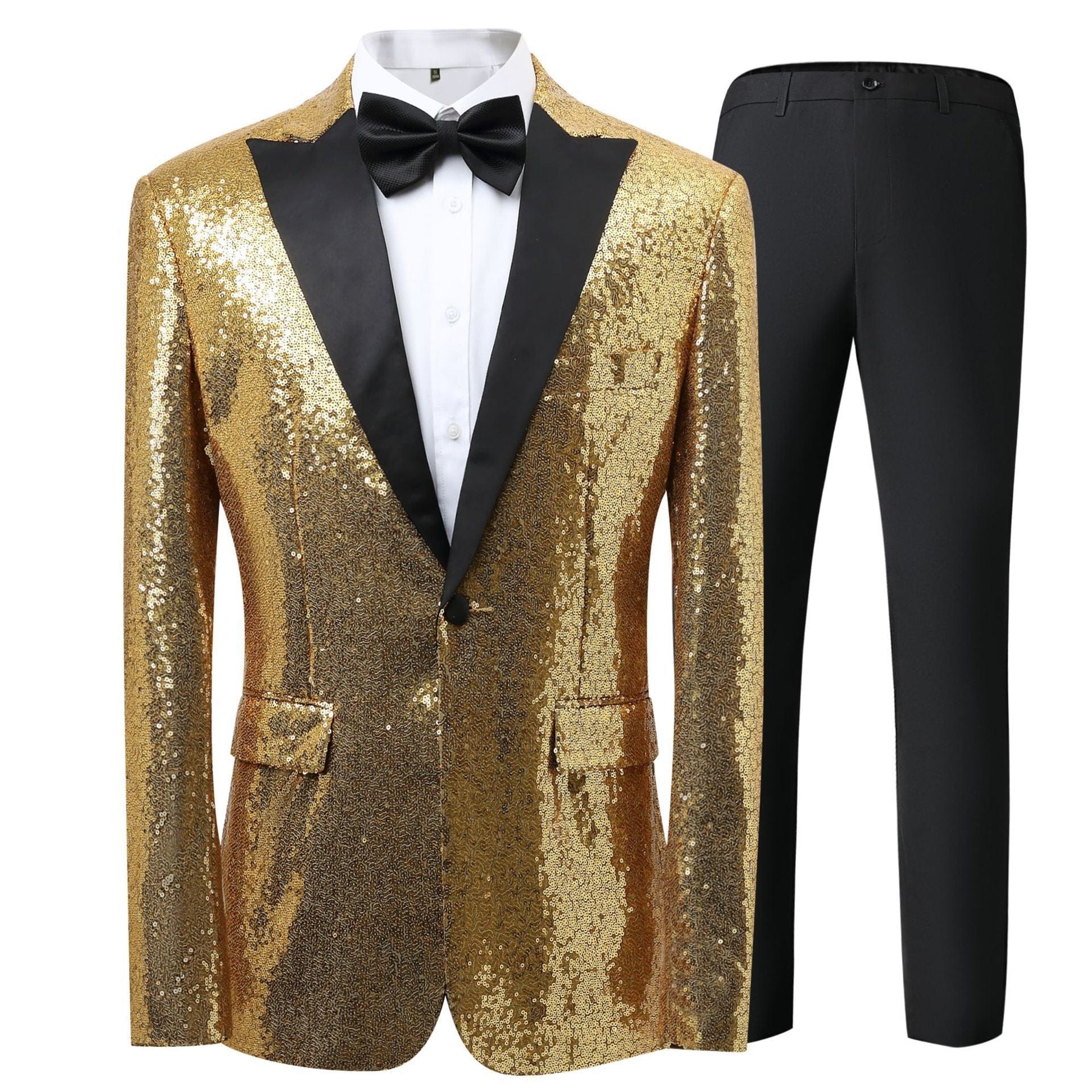 aesido Men's Blue Sequin Tuxedo Suit – Black Satin Peak Lapel Blazer & Pants