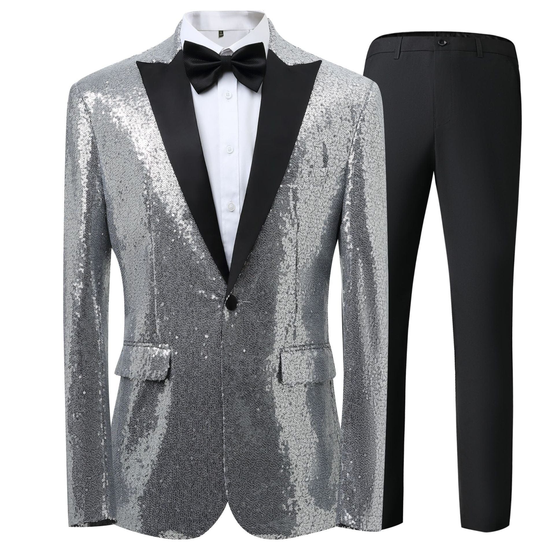 aesido Men's Blue Sequin Tuxedo Suit – Black Satin Peak Lapel Blazer & Pants