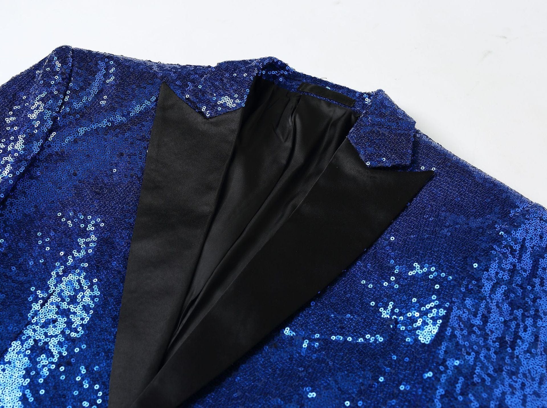 aesido Men's Blue Sequin Tuxedo Suit – Black Satin Peak Lapel Blazer & Pants