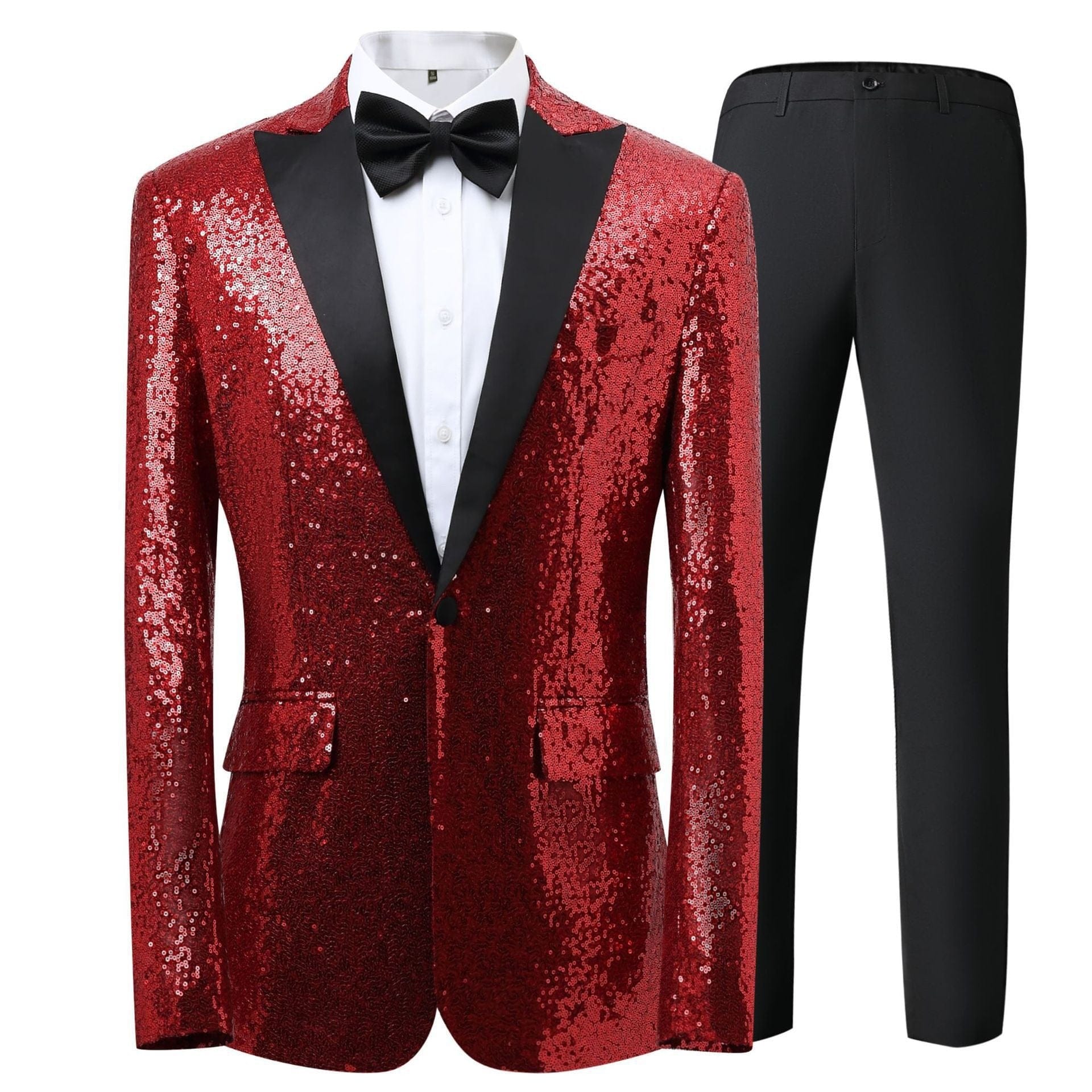 aesido Men's Blue Sequin Tuxedo Suit – Black Satin Peak Lapel Blazer & Pants