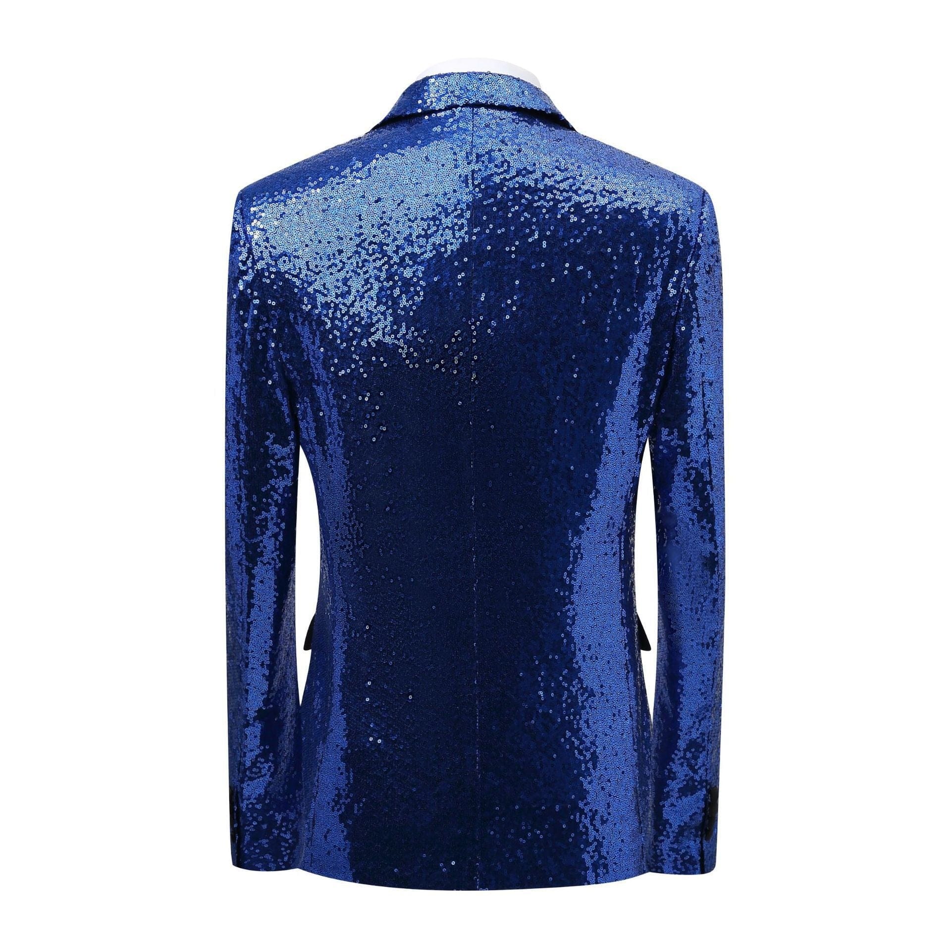 aesido Men's Blue Sequin Tuxedo Suit – Black Satin Peak Lapel Blazer & Pants