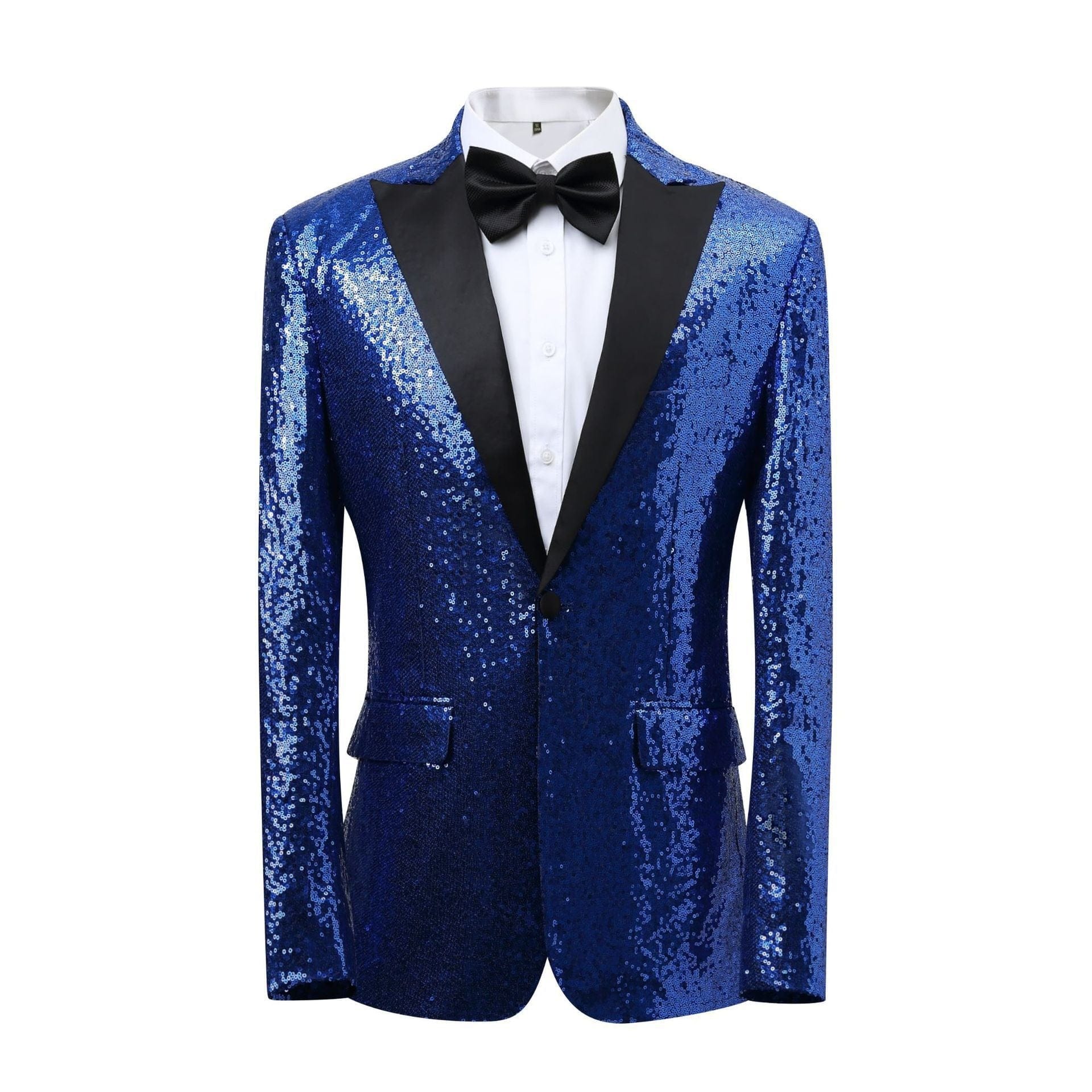 aesido Men's Blue Sequin Tuxedo Suit – Black Satin Peak Lapel Blazer & Pants