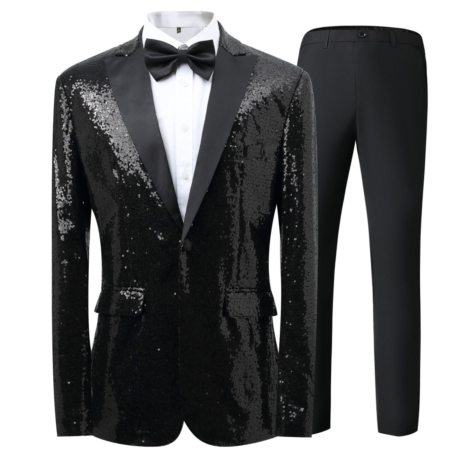 aesido Men's Blue Sequin Tuxedo Suit – Black Satin Peak Lapel Blazer & Pants