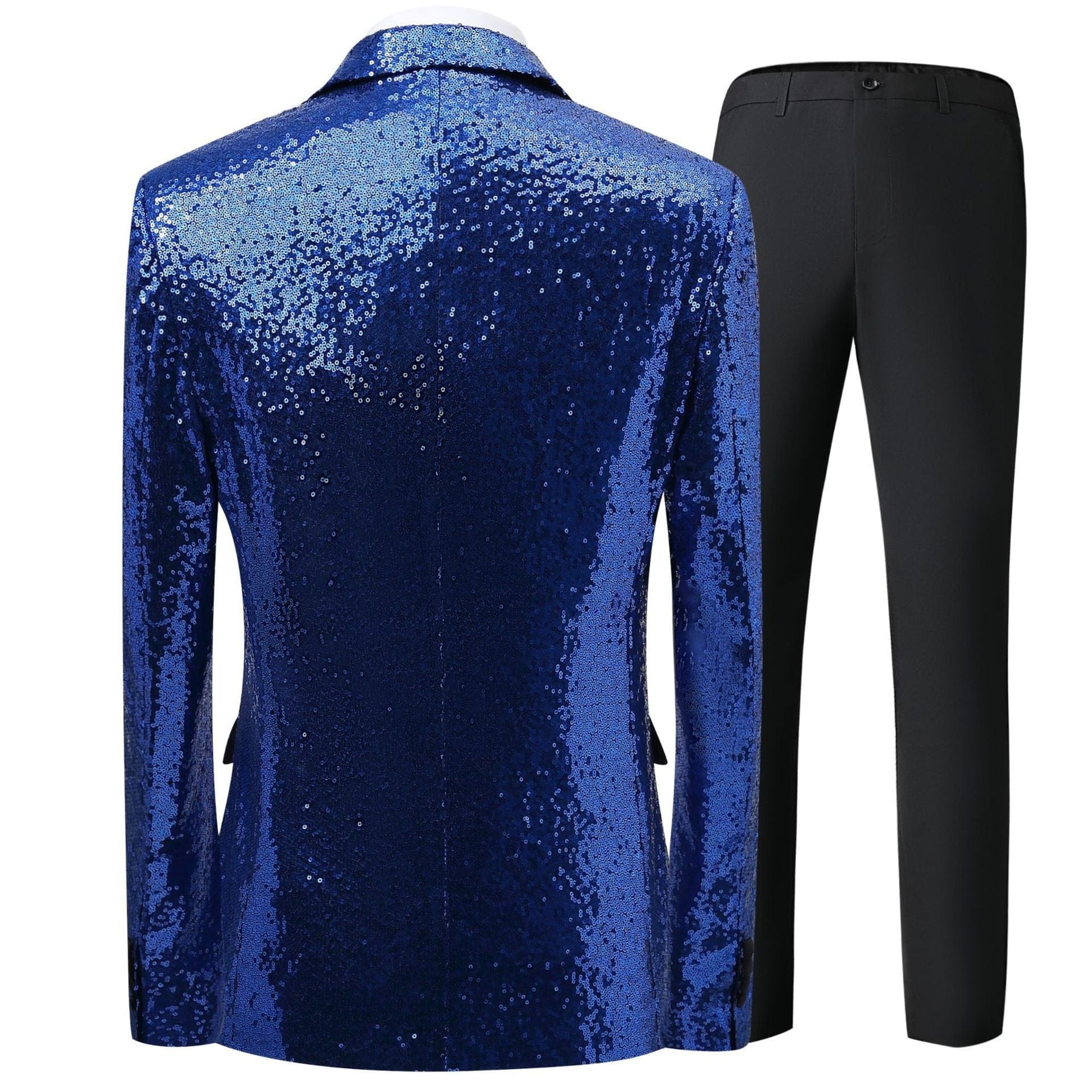 aesido Men's Blue Sequin Tuxedo Suit – Black Satin Peak Lapel Blazer & Pants