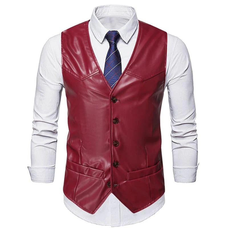 Men's Business Casual Single Breasted V Neck Leather Vest Red / XL Men's Business Casual Single Breasted V Neck Leather Vest Red / XL