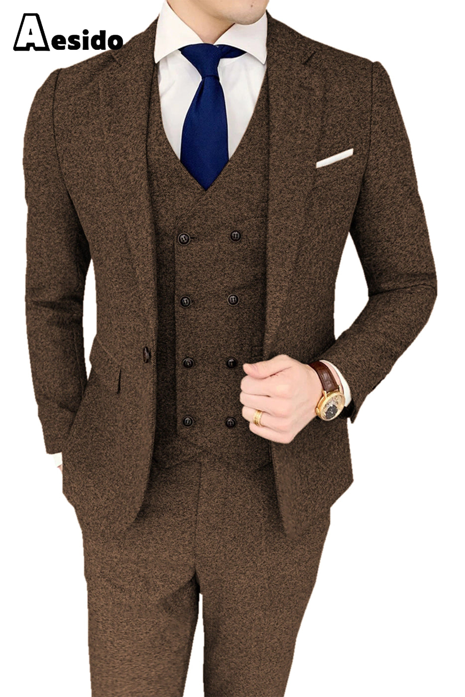 aesido Men's Business Suit 3 Pieces Notch Lapel jacket(Blazer+Vest+Pants)