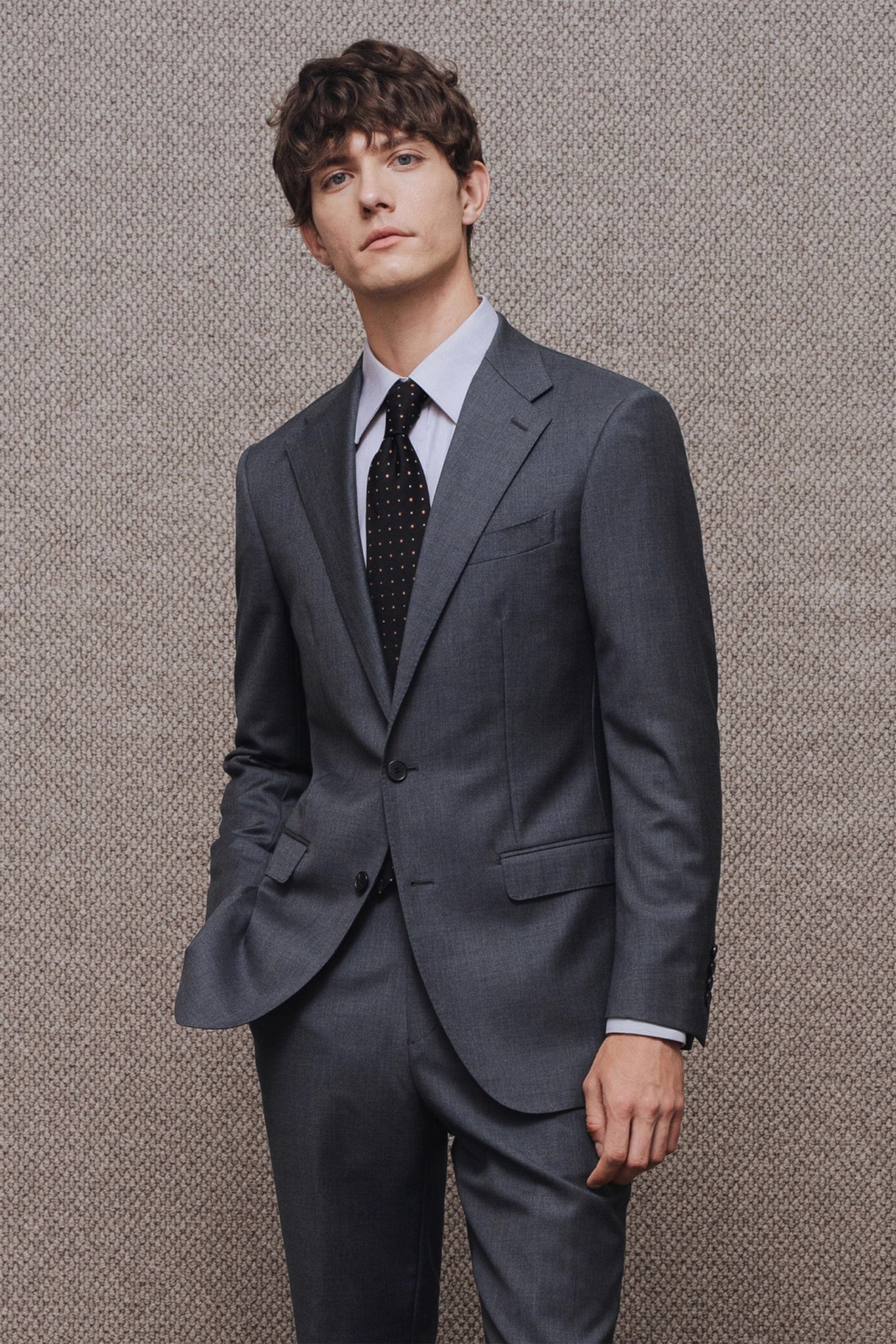 Mens Classic Grey Two-Piece Suit with Peak Lapel Blazer and Matching Pants Grey / 50R Mens Classic Grey Two-Piece Suit with Peak Lapel Blazer and Matching Pants Grey / 50R
