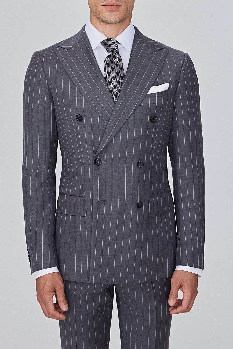aesido Men’s Grey Pinstripe Double-Breasted Suit Set – Blazer & Pants