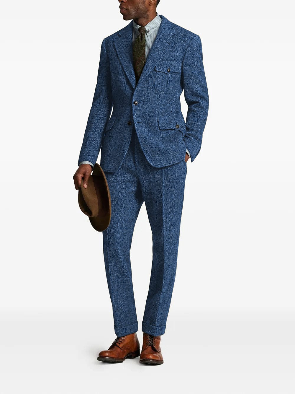 aesido Men’s Herringbone Tweed 2 Piece Suit – Double Button Blazer & Pants Set
