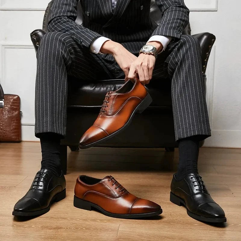 aesido Men's Leather Business Shoes Soft Sole Lace-Up Pointed Toe Oxford Shoes